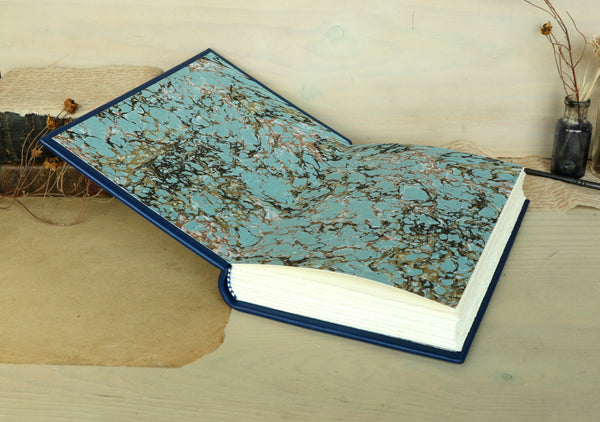 Blue leather journal with silver decoration, one of a kind. "Silver Lace"