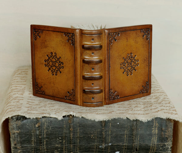 Small leather journal, Brown leather, tooled decoration