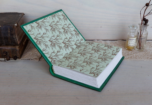 Green Leather Journal with gold floral decoration. Romantic Journey