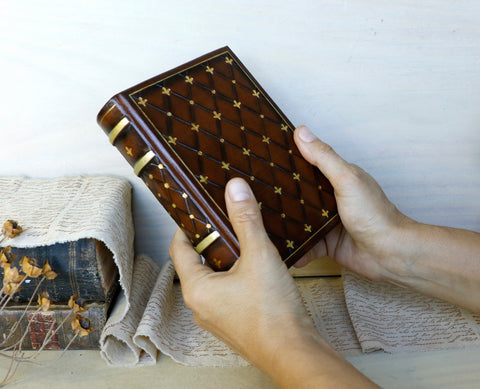 Antiqued Brown Leather Journal with Gold Tooled Decoration. Beloved Memories