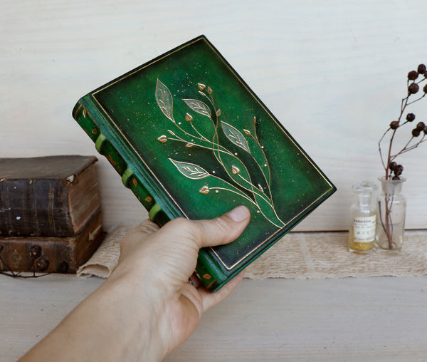 Green Leather Journal with gold floral decoration. Romantic Journey