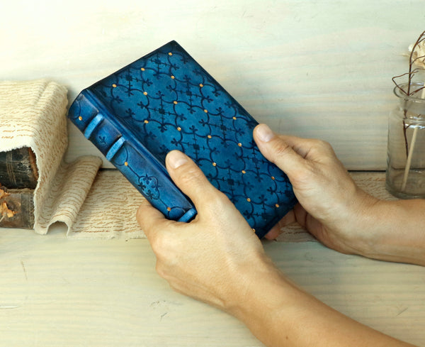 Blue Leather Journal with Tooled Decoration. Interlaced Structures